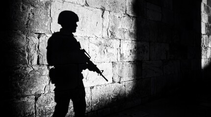 Obraz premium A soldier's silhouette standing in a shadowy alley, holding a rifle and appearing alert