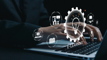 Naklejka premium Online education boosts access to learning. Learn anytime through flexible platforms. Education technology transforms how we learn. Digital learning creates new education experiences worldwide. Elide