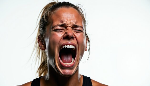 Sweaty woman shouts in pain during intense workout. Athlete expresses extreme effort and struggle with closed eyes and open mouth, showing raw emotion and determination.