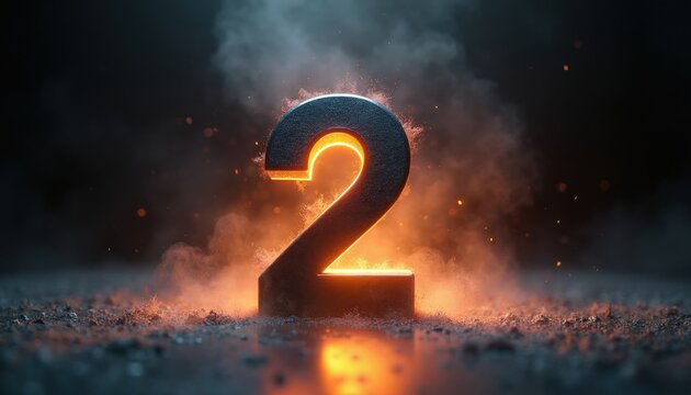Large metal number 2 glows with hot fire and smoke. Sparks fly around the numeral against dark background. Dramatic lighting creates intense effect.