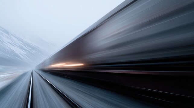 Realistic photography of a high-speed freight train moving through a mountain pass, long exposure, connectivity and speed
