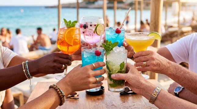 Cheers to a refreshing moment at the beach! A group of friends raise their vibrant cocktails in a toast, enjoying the sun and sea
