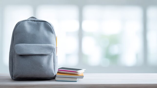 A student backpack filled with school supplies and a tablet, back to school concept, bright and airy classroom lighting