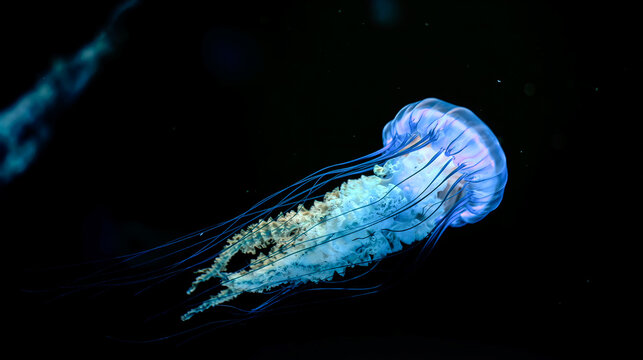 Glowing bioluminescent jellyfish swimming in deep black water