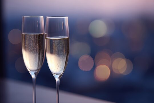 Close up of two champagne glasses clinking in a high-end rooftop bar, city lights bokeh, success celebration