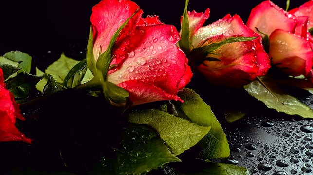 Elegant pink roses with fresh water droplets on a dark background. Romantic and moody floral macro
