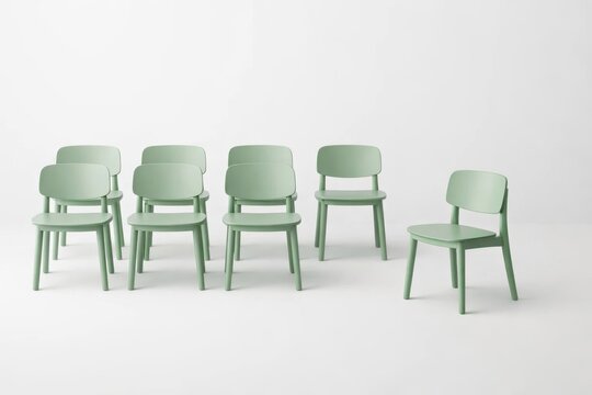 Group of minimal soft green chairs with one chair turned away in a different direction, standing out from the crowd concept, unique perspective, nonconformity and creative business idea
