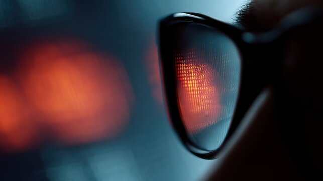Realistic photography of a high-speed stock ticker board reflected in a businessman glasses, sharp focus, market intensity