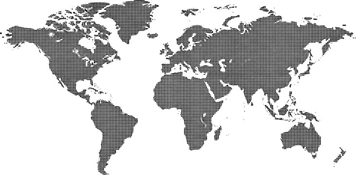 Digital dotted world map silhouette with black square pixels isolated on white background for global business technology and international communication design