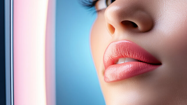 Woman focusing on an interactive screen, utilizing cutting edge beauty tech for AR makeup testing and advanced skin analysis, reflecting modern vanity setups