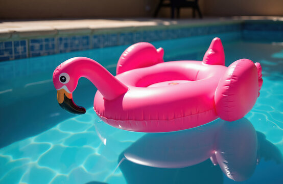 Pink inflatable flamingo toy floats upside down in bright blue swimming pool water. After a party, this signifies a hangover or a humorous lazy day.