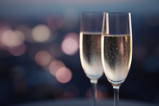 Close up of two champagne glasses clinking in a high-end rooftop bar, city lights bokeh, success celebration