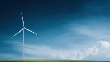 Fototapeta premium Realistic photography of a single wind turbine on a grassy hill, massive clear blue sky with plenty of copy space
