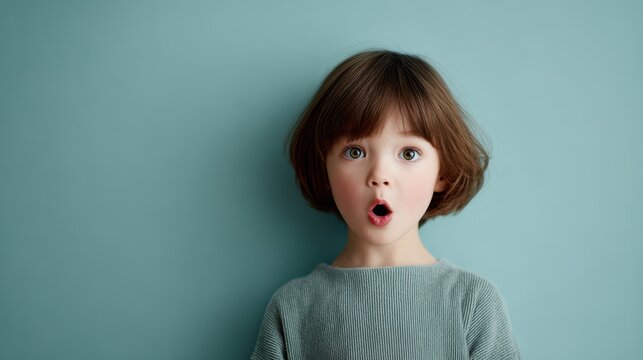 Realistic photography of a cute little girl with bobbed hair looking up with a surprised expression, copy space above her
