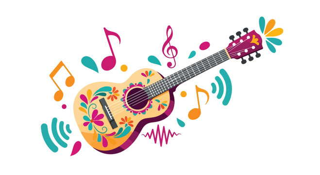 Colorful ukulele guitar with floral design and musical notes on white background