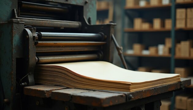 Old printing machine with large stack of paper sheets. Vintage press ready for operation in workshop. Industrial background with shelves and boxes.