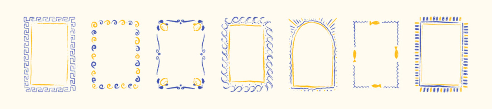 Set of summer Mediterranean blue and yellow hand drawn doodle crayon, chalk, pencil, charcoal frames. Italian la dolce vita. Greek key pattern ancient rectangle border. Seafood restaurant menu boarder