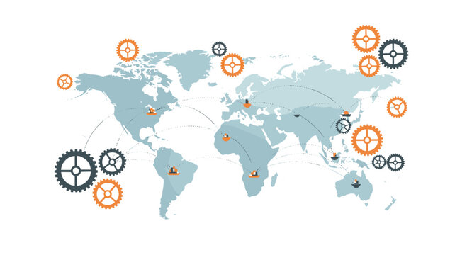 A stylized light blue world map illustrates global shipping routes with orange and dark gray gear icons and small cargo ship symbols connected by curved dashed lines.