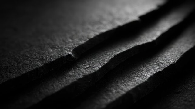 Macro photography of a dark charcoal slate stone with natural ridges and textures, dramatic side lighting