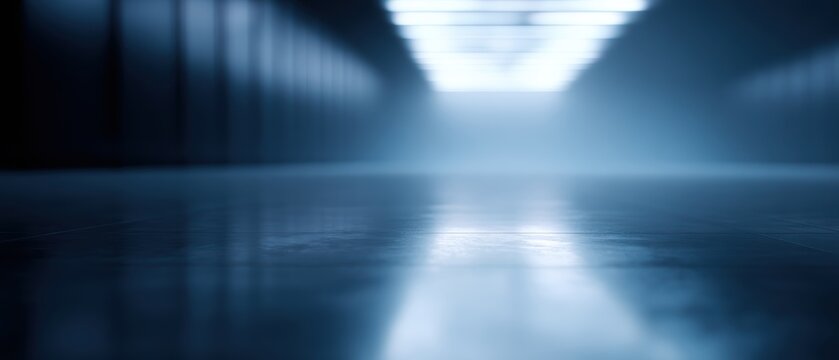 A minimalist background of a server room with glowing blue LED lights, low angle shot, massive floor and ceiling space for text