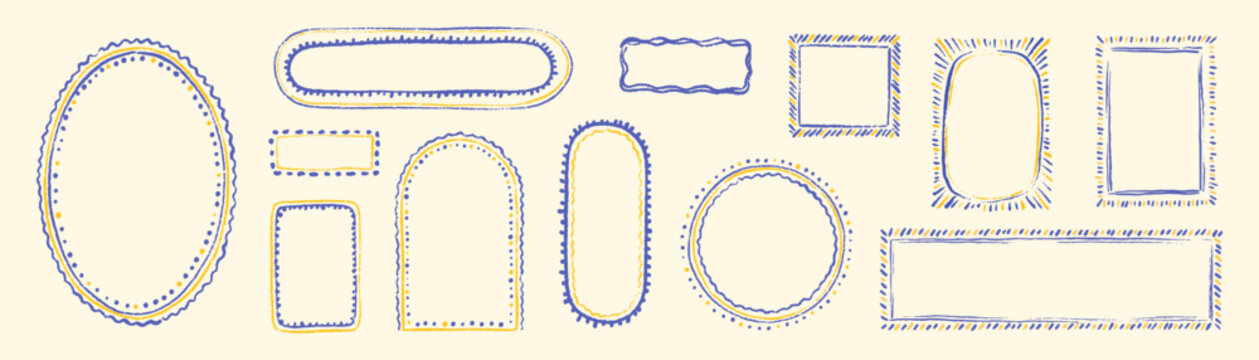 Summer blue and yellow crayon frame set. Hand drawn oval, circle, round, rectangle, square hand drawn mosaic Mediterranean style boarder. Coastal pencil scribble frame. Aesthetic wedding crayon border