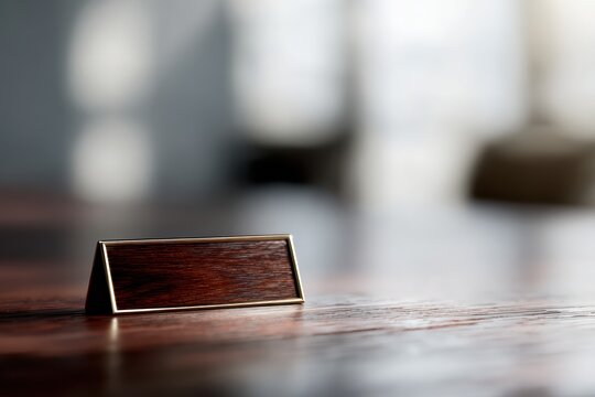 Close up photography of a nameplate on a dark mahogany desk, blurred background of an executive office, leadership and power concept