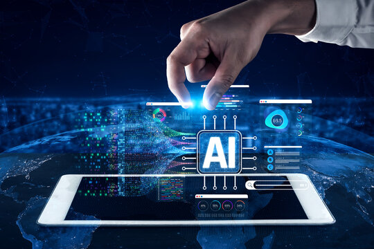 Futuristic Hand Interacting with AI Technology on Tablet Screen Surrounded by Digital Data in a Global Network Environment Sigmoid
