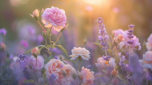 A soft-focus shot of light pink, lavender, and cream roses creating a whimsical and sweet vibe. --ar 16:9 --v 6 Job ID: c217a634-7b5a-438f-8a11-5fc013d2cf94