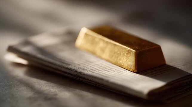 Realistic photography of a single shiny gold bar resting on a stack of high-end financial newspapers, soft side lighting
