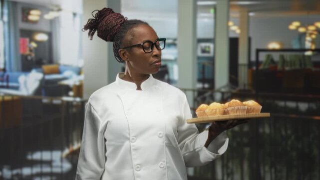 Woman chef in white uniform and glasses holds a wooden tray of muffins with steady posture in building; calm pride.