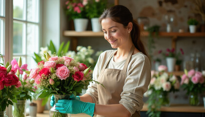 Fototapeta premium Woman florist in apron, gloves smiles while arranging pink, red rose bouquet. Flower shop interior with plants, window light. Small business owner working in her store. Expert floral arrangement.