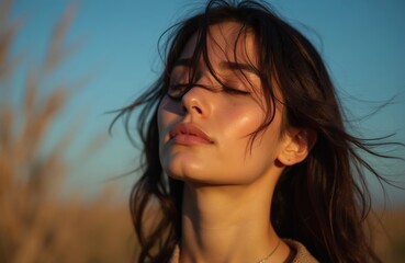 Fototapeta premium Young woman feels freedom in nature, wind blows her hair. She closes eyes, smiles softly, enjoying peaceful moment outdoors in golden hour light. Serene bliss.