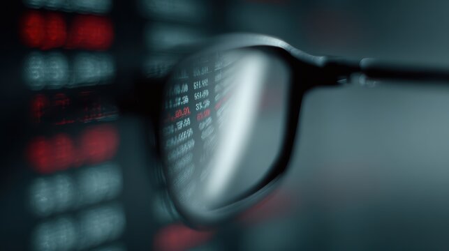 Realistic photography of a high-speed stock ticker board reflected in a businessman glasses, sharp focus, market intensity