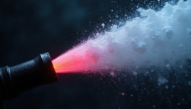 High pressure jet sprays with red glow from nozzle. White icy mist and particles explode outwards against dark background. Industrial power and motion in action.