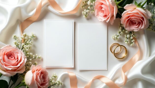 Wedding invitation mockups with pink roses golden rings and ribbon on white satin. Blank cards ready for custom text design. Flat lay top view.