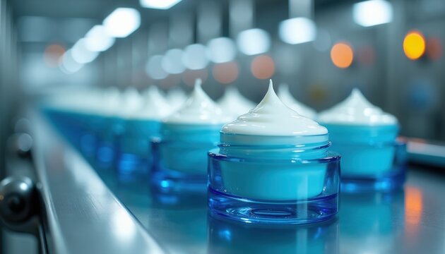 Blue jars with white cosmetic cream move on a production line. Automated factory fills skincare products in sterile environment. Manufacturing process for beauty goods.