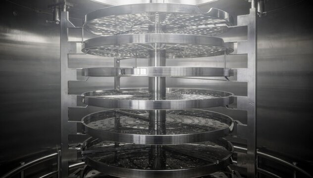 Medium shot of clean distillation column trays highlighting orderly downcomers and clear vapor spaces during maintenance turnaround.