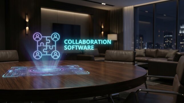 Innovative Collaboration Software Interface Displayed on a Holographic Table in a Modern Office Setting