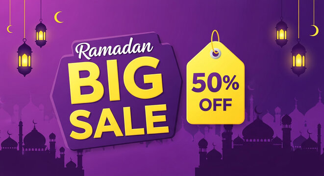 Illustration of a purple background with yellow text and lanterns, representing Ramadan sale and celebration, perfect for promotion and cultural concepts