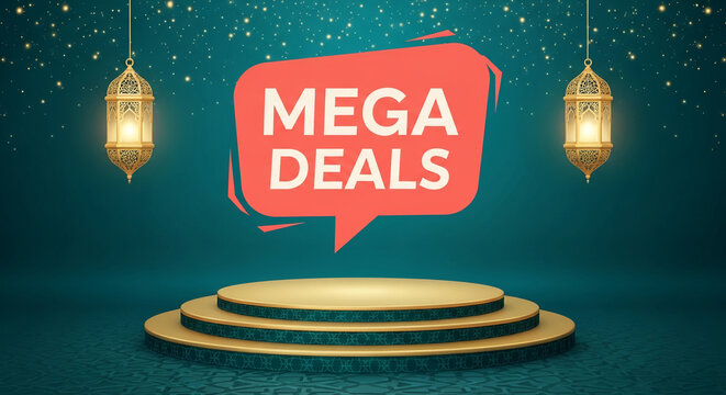 Platform with golden edges, coral speech bubble on blue background with lantern. Representative of sales promotion, advertising offer, special deal