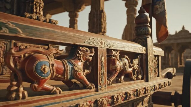 Ornate wooden chariot with intricate carvings of lions and vibrant colors in historic temple setting.