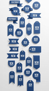Image of blue product tag and banner, some with string. It represents promotion, retail, merchandise launch, or announcement of new items