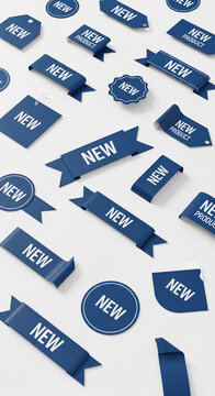 Variety of blue promo label on white surface, including ribbon and tag. Represents special offer, product launch, advertisement, and retail marketing