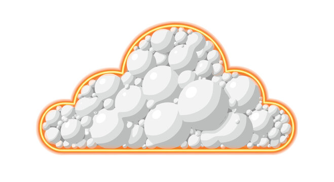 A collection of white circular orbs forming a cloud shape with a vibrant orange glowing border set against a warm light beige backdrop for artistic effect.