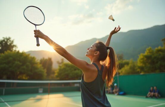 Young woman plays badminton outdoors at sunset, serving shuttlecock on court. She wears athletic outfit, has ponytail, enjoys game with focus and determination in scenic mountain landscape.
