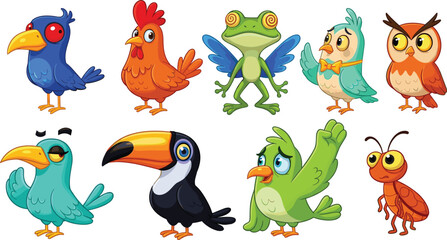 Obraz premium Cartoon bird characters vector set featuring colorful parrots, owl, toucan, chicken and funny insect, cute animal mascot illustration collection for kids design