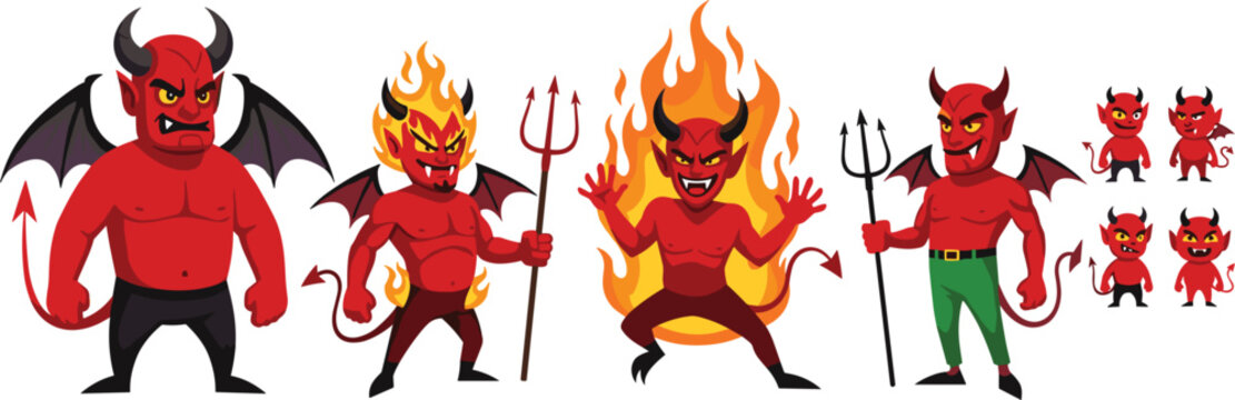 Devil cartoon characters vector set featuring red demons with horns, wings, trident and fire, Halloween fantasy illustration collection with different poses and expressions