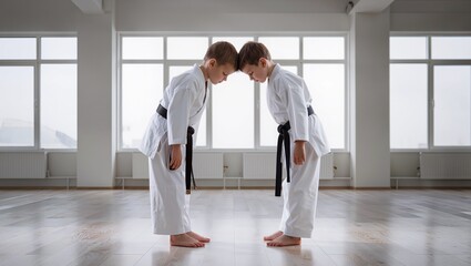 Fototapeta premium Two young children in white karate uniforms bowing to each other with black belts in a spacious dojo with large windows and wooden flooring