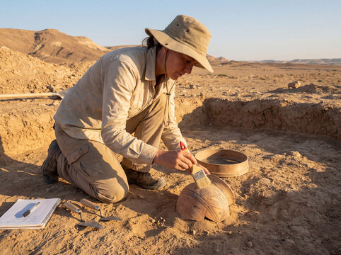 Archaeologist carefully excavating ancient ceramic vessel at desert dig site