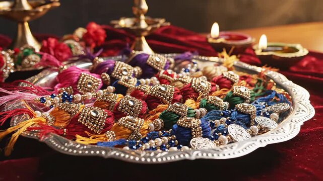 Colorful decorative trinkets and gifts for Diwali celebration arranged on silver plate. Brightly colored items include intricate designs, traditional elements,